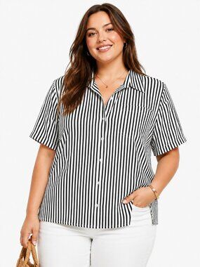Jaclyn Smith Plus Women 24W Black White Vertical Stripe Button Front Top Blouse